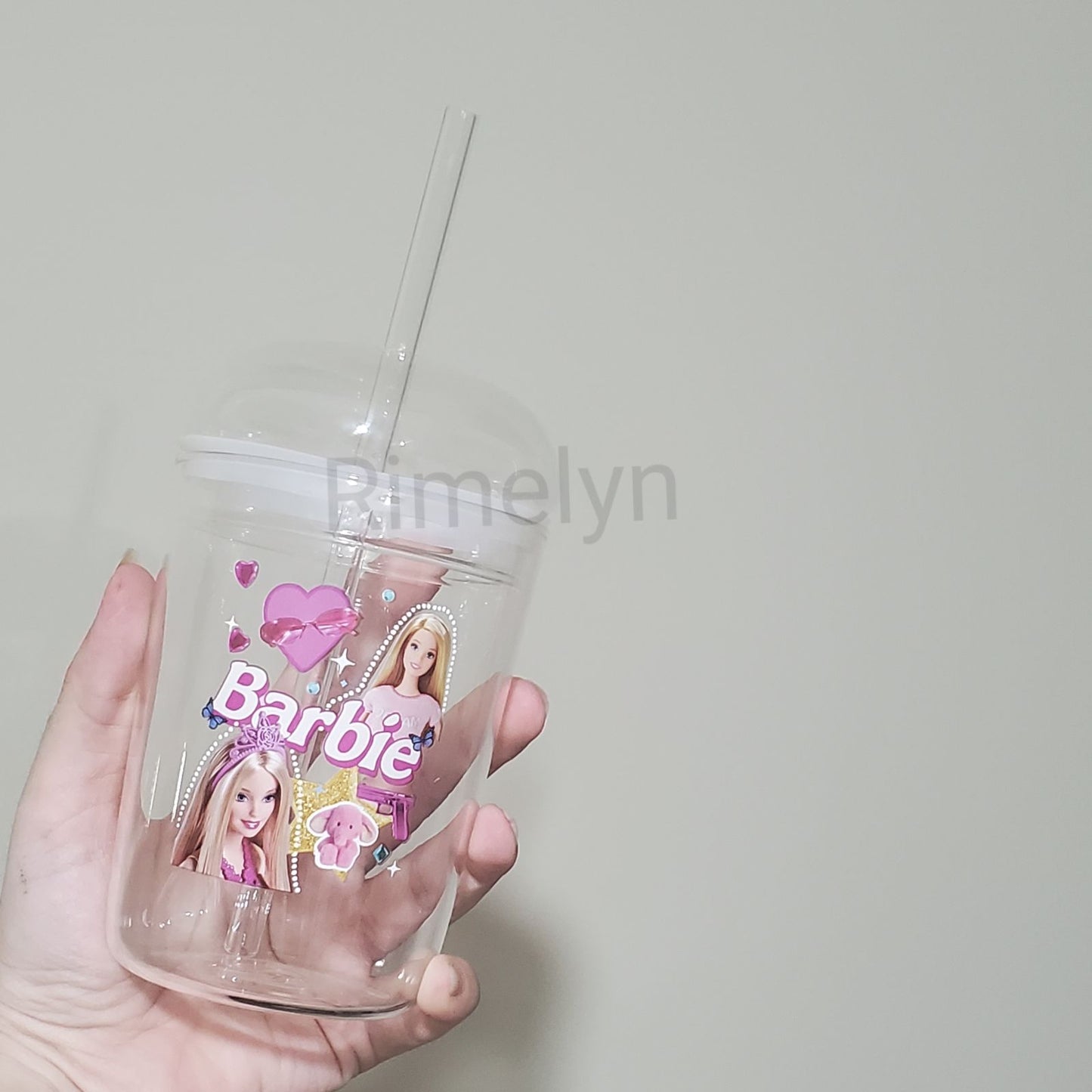 Glass barbie cup with straw and lid