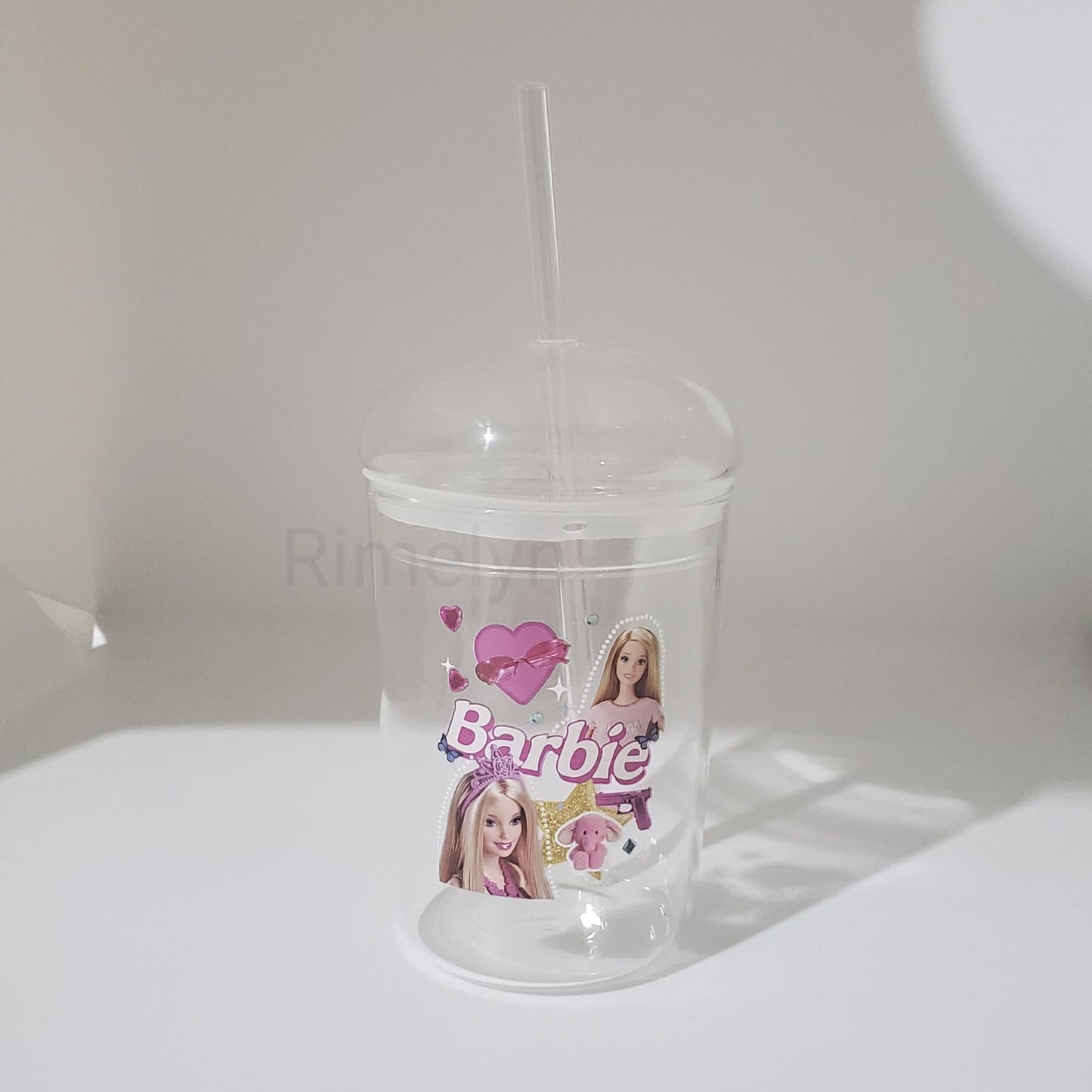 Glass barbie cup with straw and lid